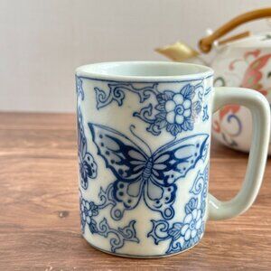 Vintage Blue and White Butterfly Mug, Made in China, Asian-Inspired Ceramic